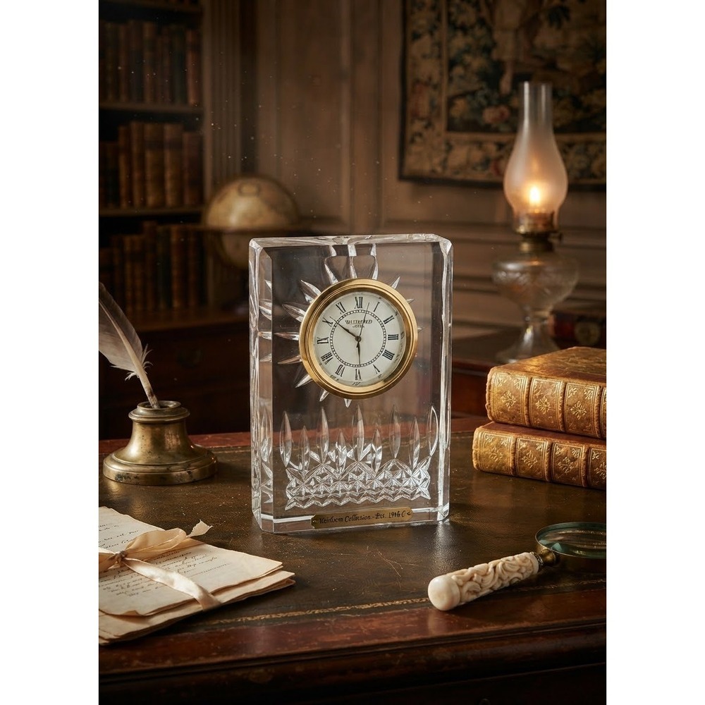 Waterford Crystal Heirloom Collection Desk Clock Roman Numeral Gold Tone Bezel